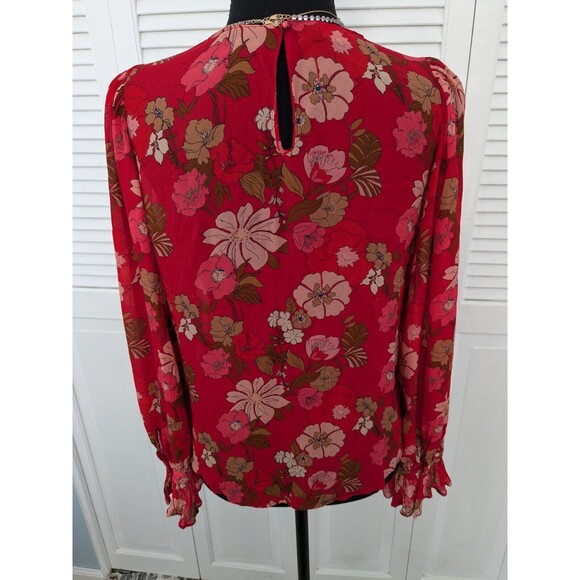 Zara Blouse Womens sz M Red Floral Print Ruffle Sheer Romantic Boho Chic Peasant - Picture 8 of 15